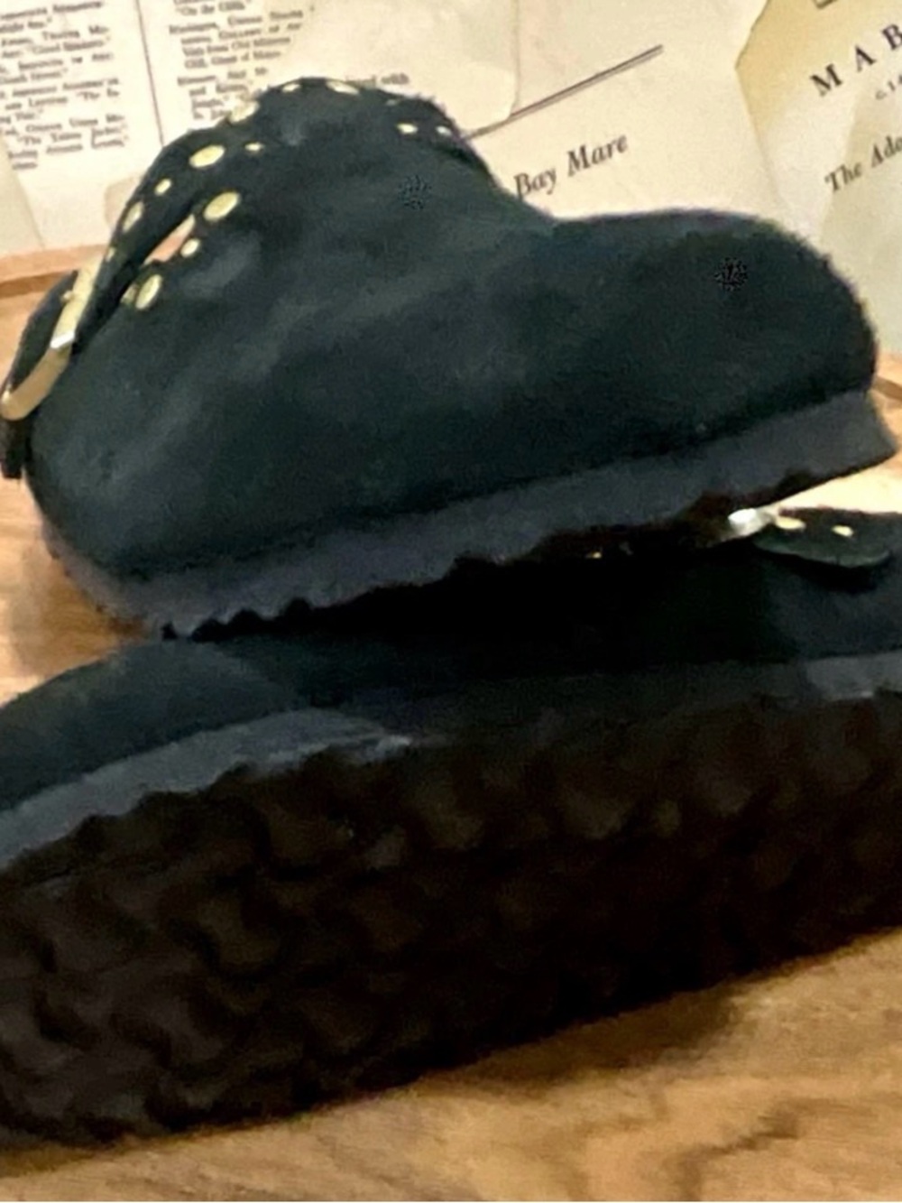Free People Birkenstock Boston Rivets Clog Black Suede Brass Matte Studs - Picture 7 of 9